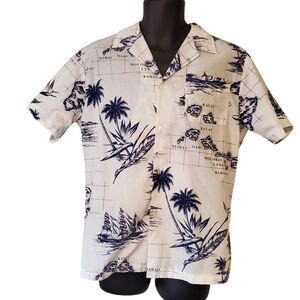 Vintage Rai Nani Men's White and Navy Hawaiian Shirt medium